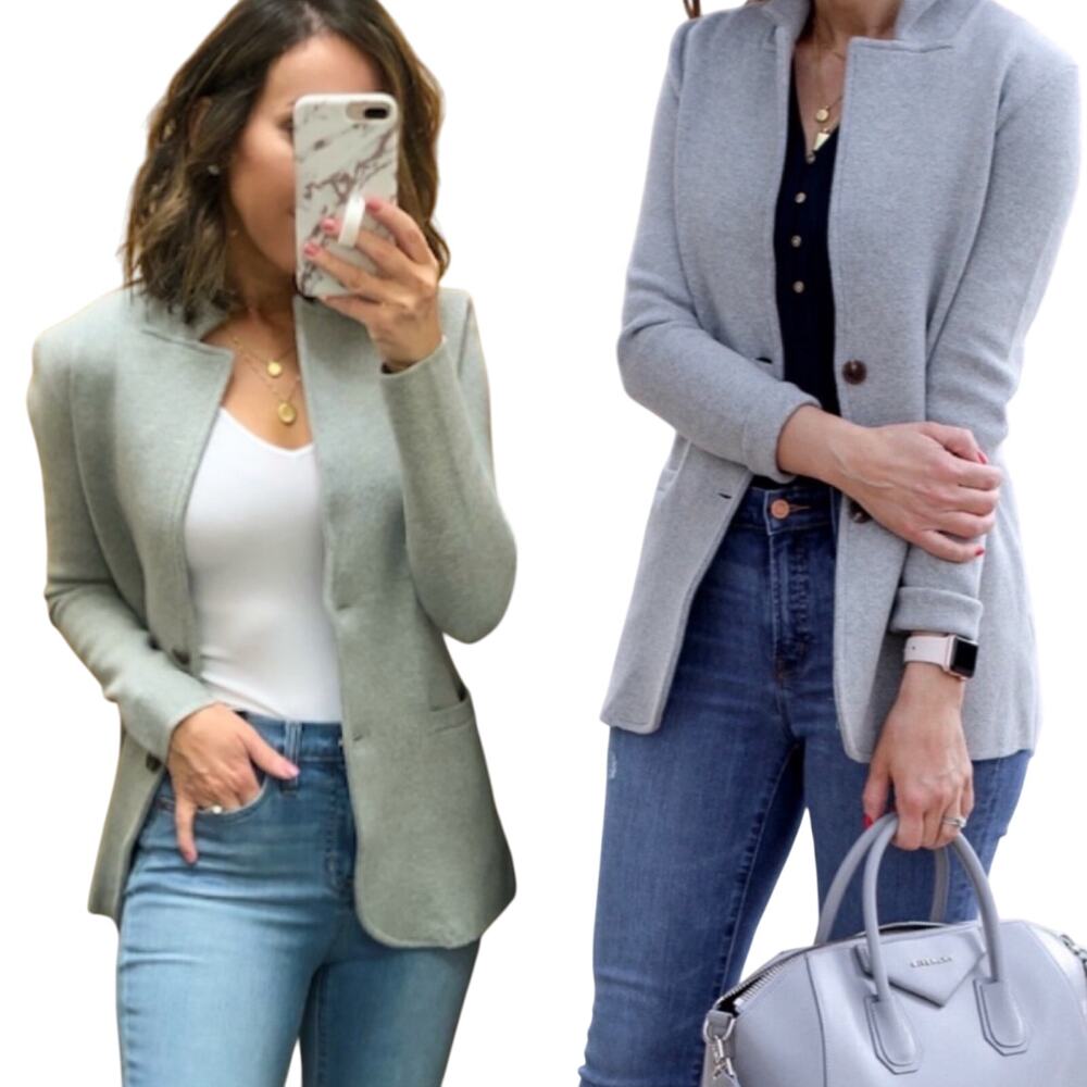 J Crew Sweater Blazer Cotton Knit Button Front Notch Lapel Gray Womens Small